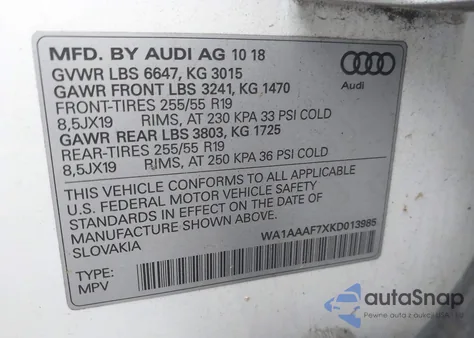 2019 Audi Q7 55 Premium/55 Se Premium from USA, damaged, VIN WA1AAAF7XKD013985